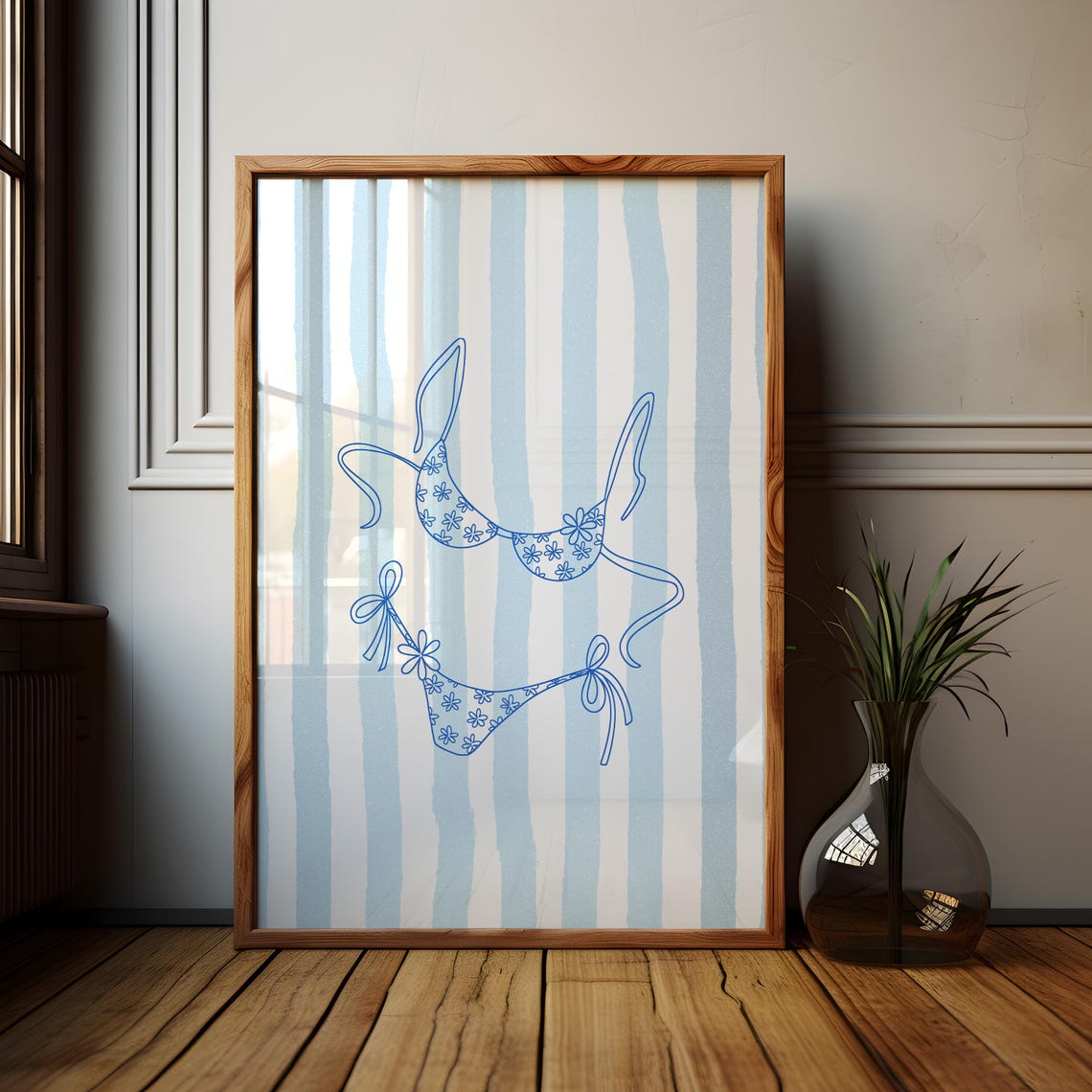 Blue Floral Bikini Line Art on Striped Coastal Summer Poster - Image 2