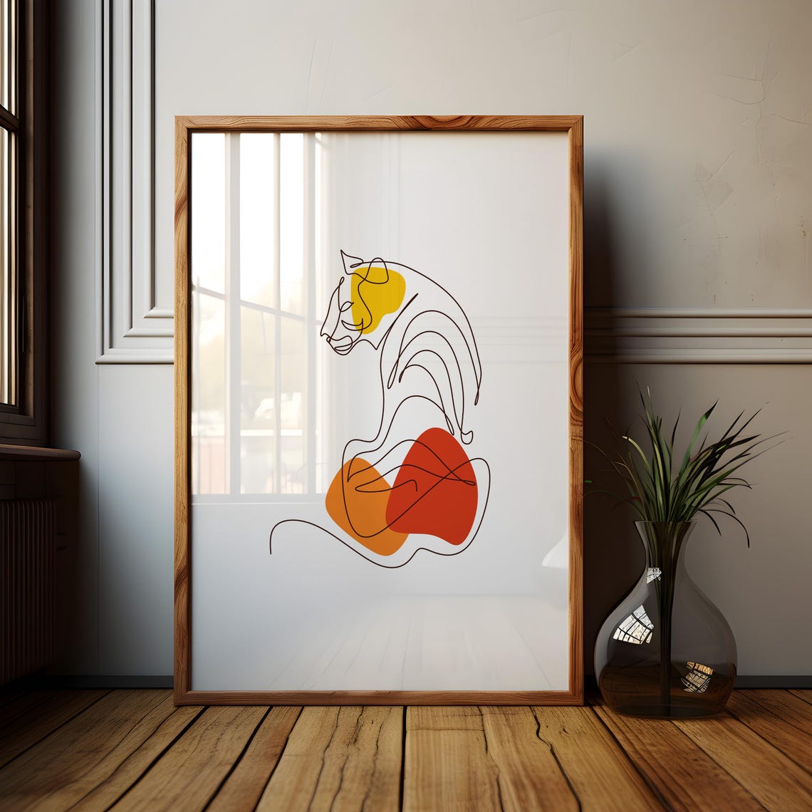 Minimalist Line Art Tiger With Bold Color Blocks Modern Poster