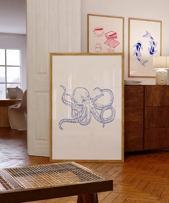 Octopus Print Octopus Poster Trendy Wall Art Sea Print Blue Poster Blue Sailor Poster Blue Octopus Print