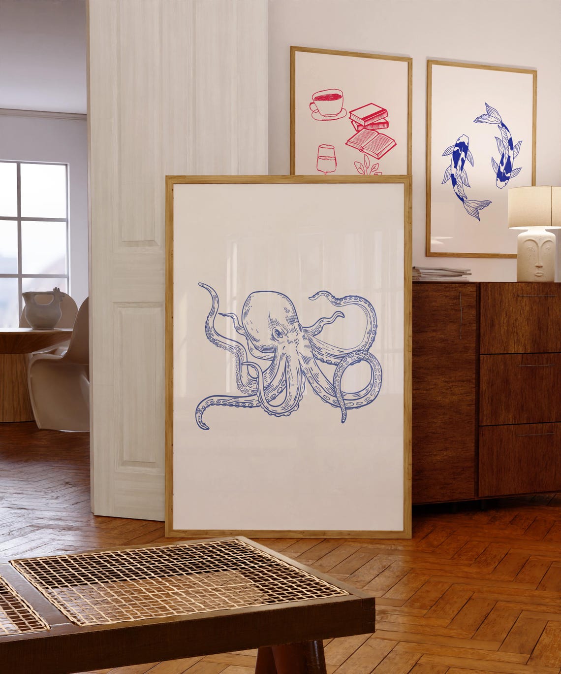 Blue Line Art Octopus with Curling Tentacles Sea Creature Poster