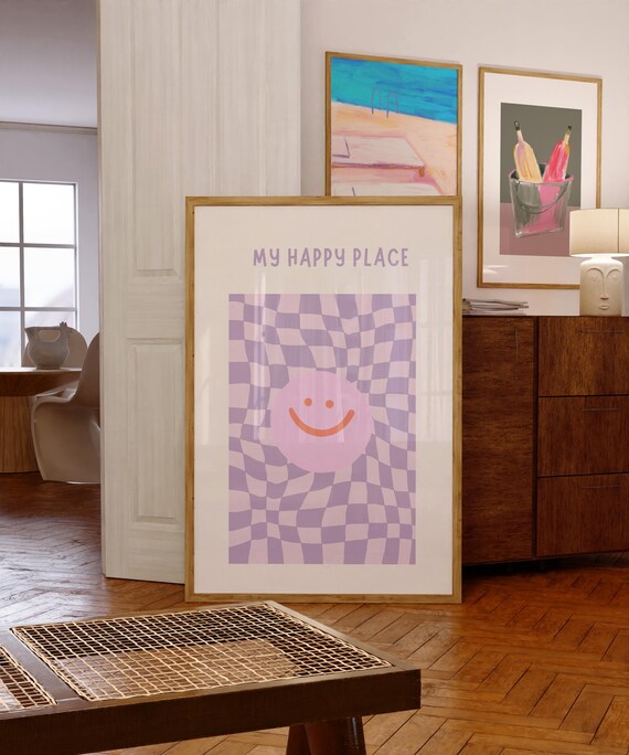 My Happy Place Happy Place Poster Trendy Wall Art Smile Poster Purple Poster Cute Room Decor Office Decor Print