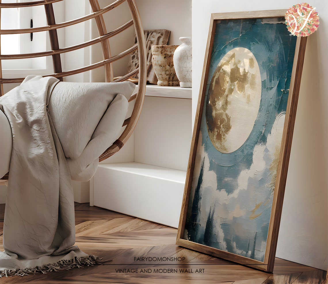 Full Moon Celestial Night Sky Teal Cloud Oil Painting Poster - Image 3