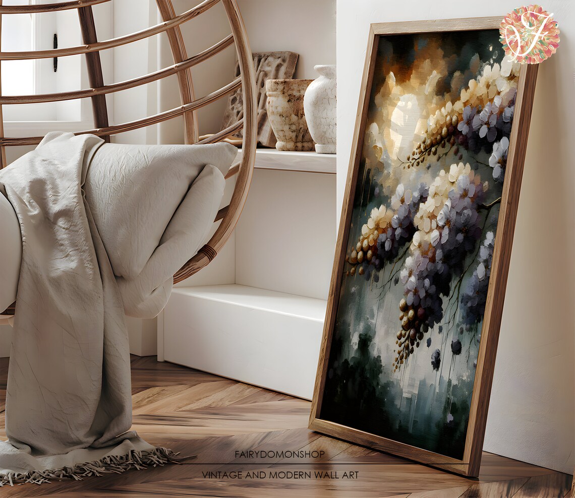 Golden Moon Lilac Blossom Misty Night Floral Oil Painting Poster - Image 3