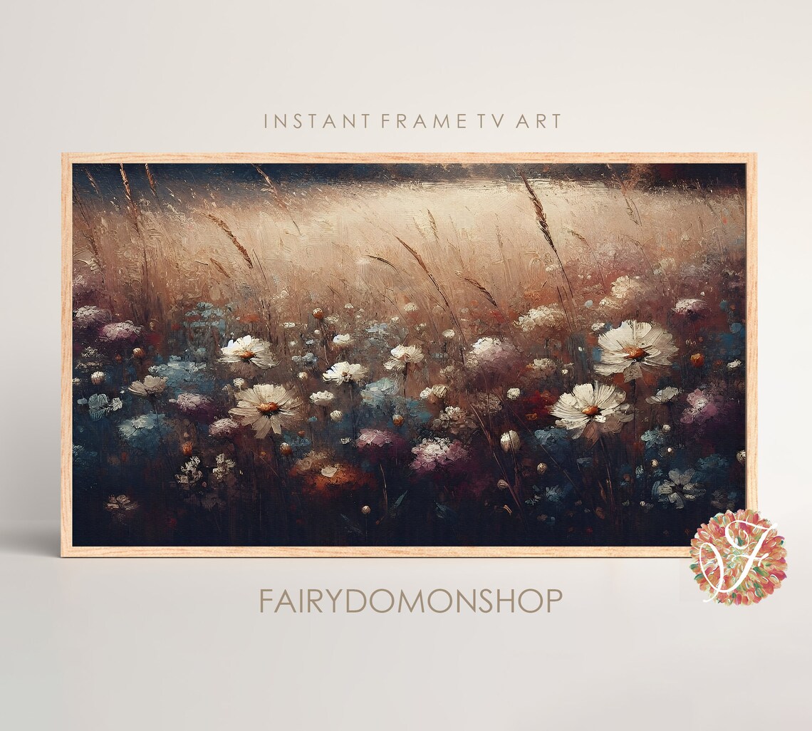 Wildflowers At Dusk Moody Meadow Evening Floral Oil Painting Poster