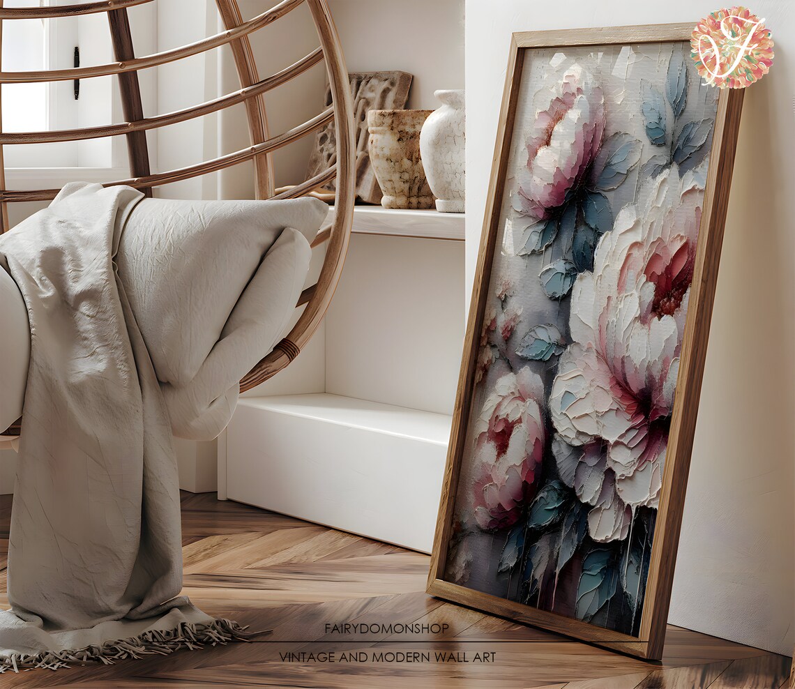 Textured Peony Blossoms White Pink Floral Oil Painting Poster - Image 3