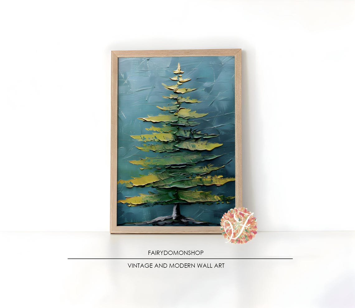 Dark Fir Tree Impasto Poster Moody Green Gold Modern Winter Decor Art