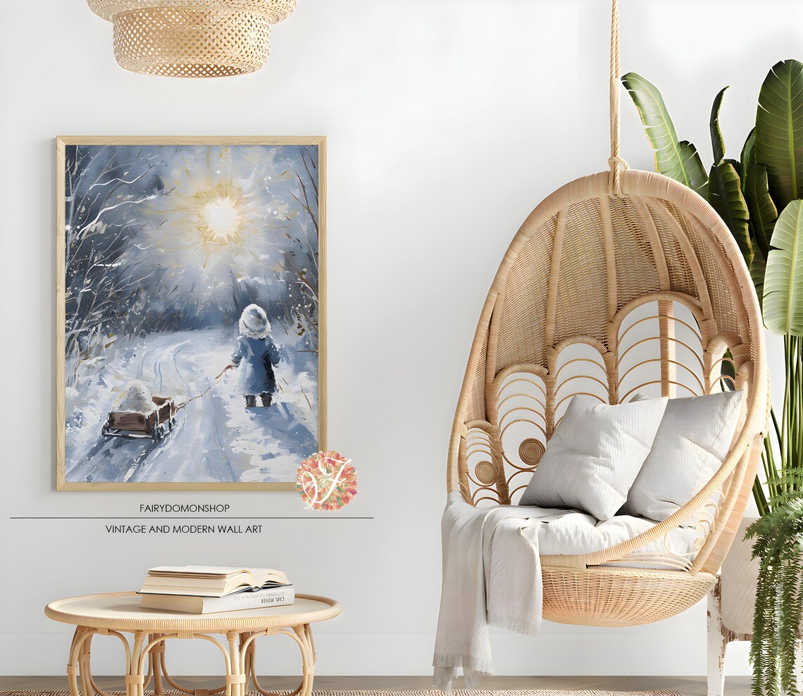 Little Girl Pulling Sled Poster Snowy Winter Woods Childhood Magic Decor - Image 2