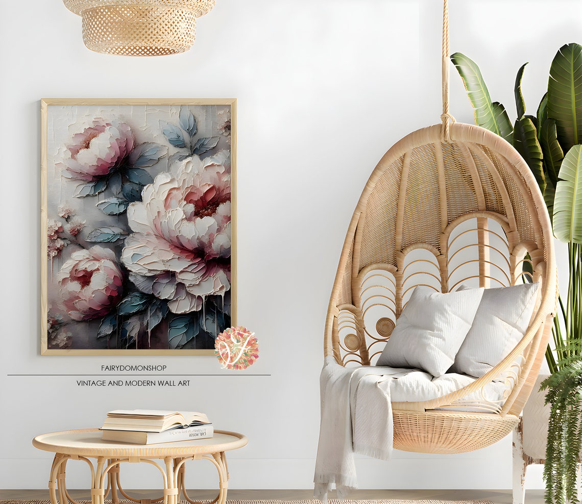 Textured Peony Blossoms White Pink Floral Oil Painting Poster - Image 2