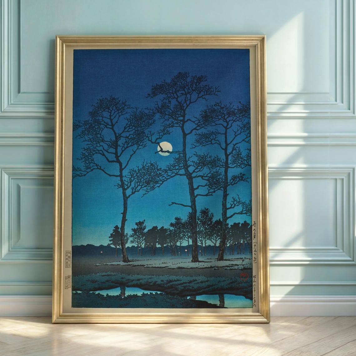 Hasui Kawase Winter Moon Pine Trees Japanese Night Woodblock Print