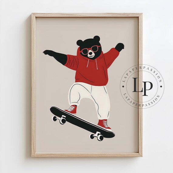 Skateboarding Bear Red Hoodie Trick Fun Kids Nursery Room Poster