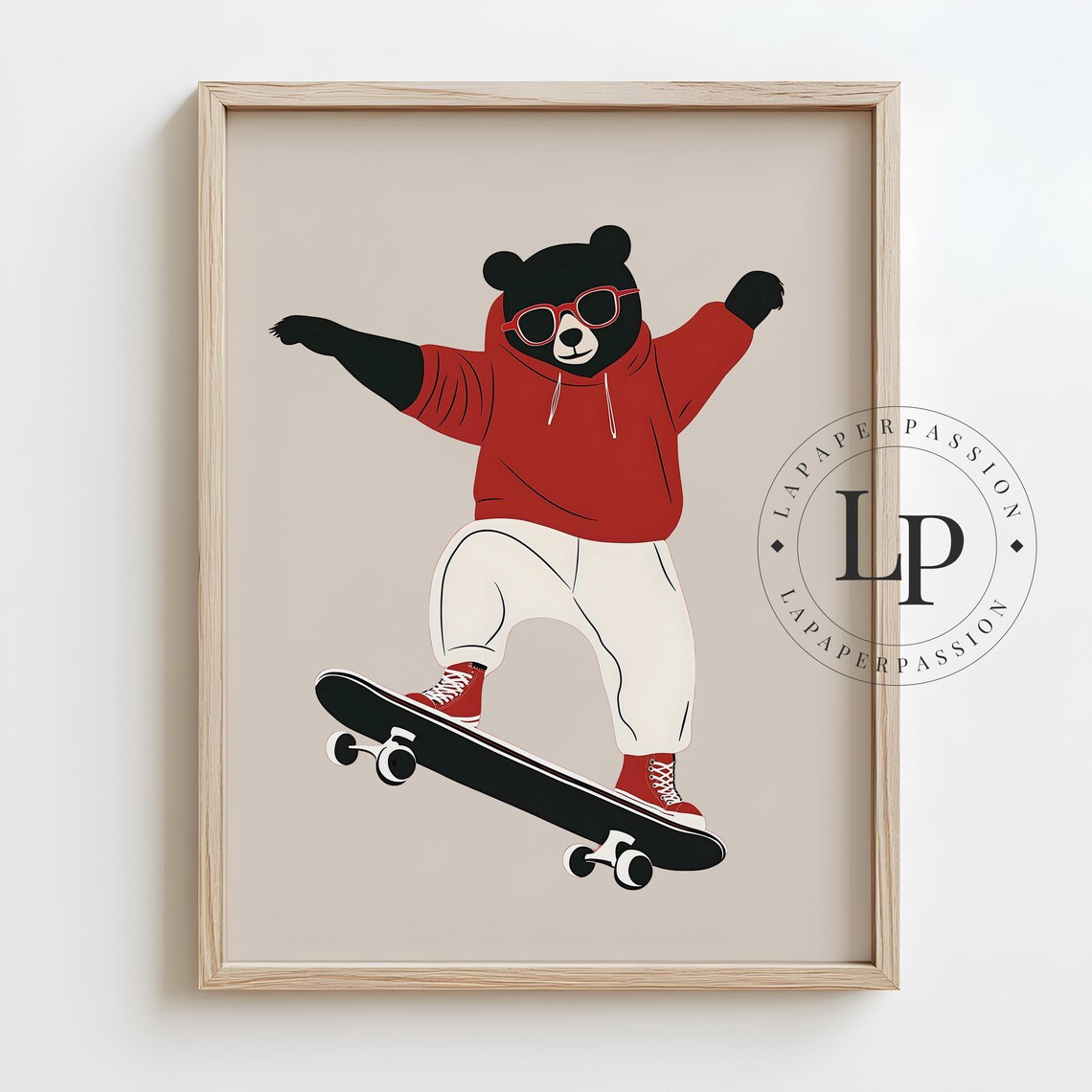 Skateboarding Bear Red Hoodie Trick Fun Kids Nursery Room Poster
