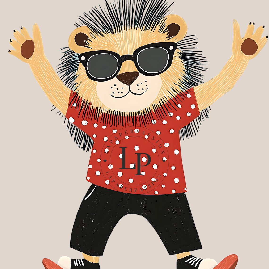Cool Lion Skateboard Sunglasses Red Polka Dot Kids Nursery Poster - Image 2