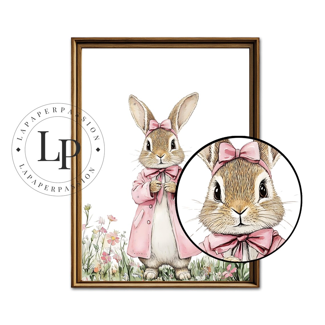 Watercolor Bunny in Pink Coat Among Wildflowers Nursery Poster - Image 5