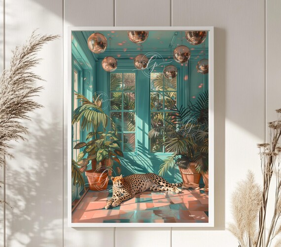 Cheetah Lounging Teal Sunroom Hanging Disco Balls Palm Wall Art