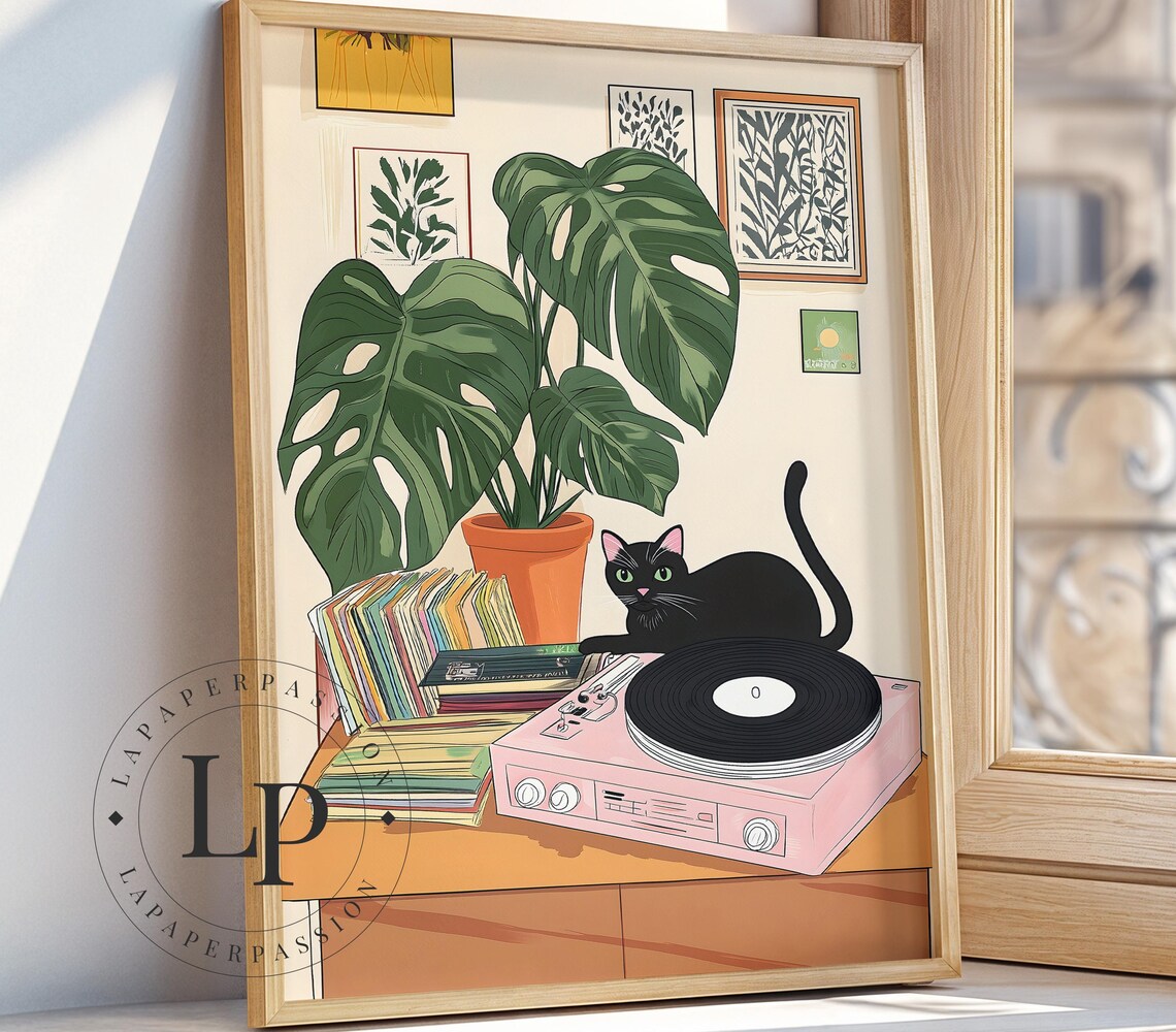 Retro Boho Black Cat Botanical Art Print - Image 4