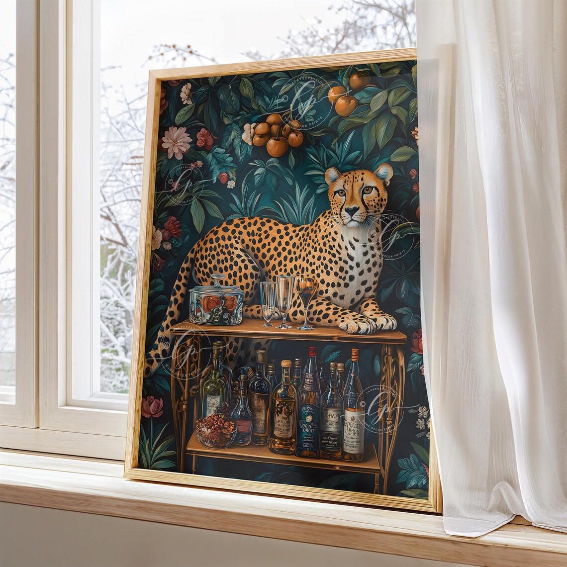 Leopard Lounging on Bar Cart Jungle Botanical Maximalist Animal Poster - Image 3