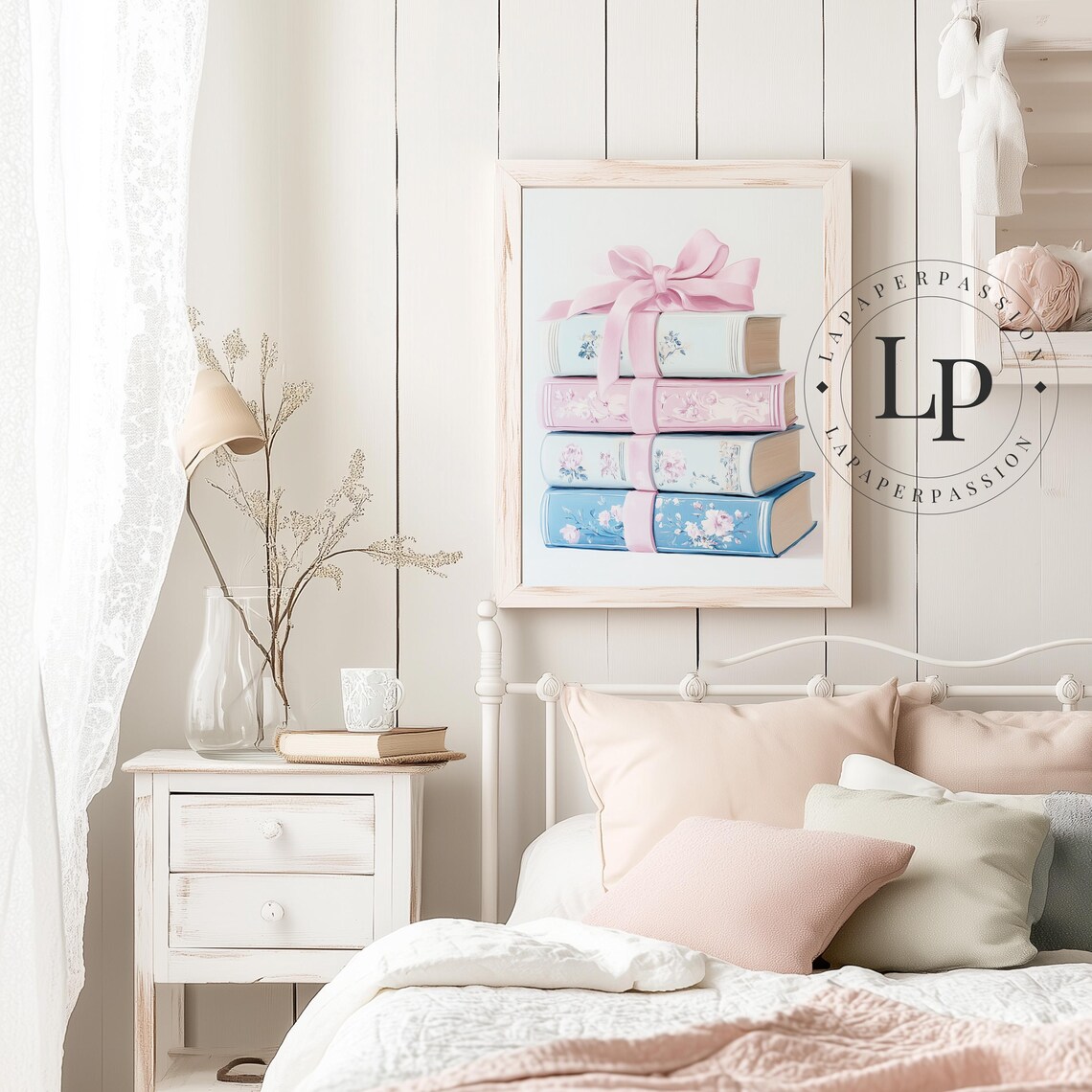 Pastel Stack Of Books, Whimsical Reading Nook Art Print - Image 5