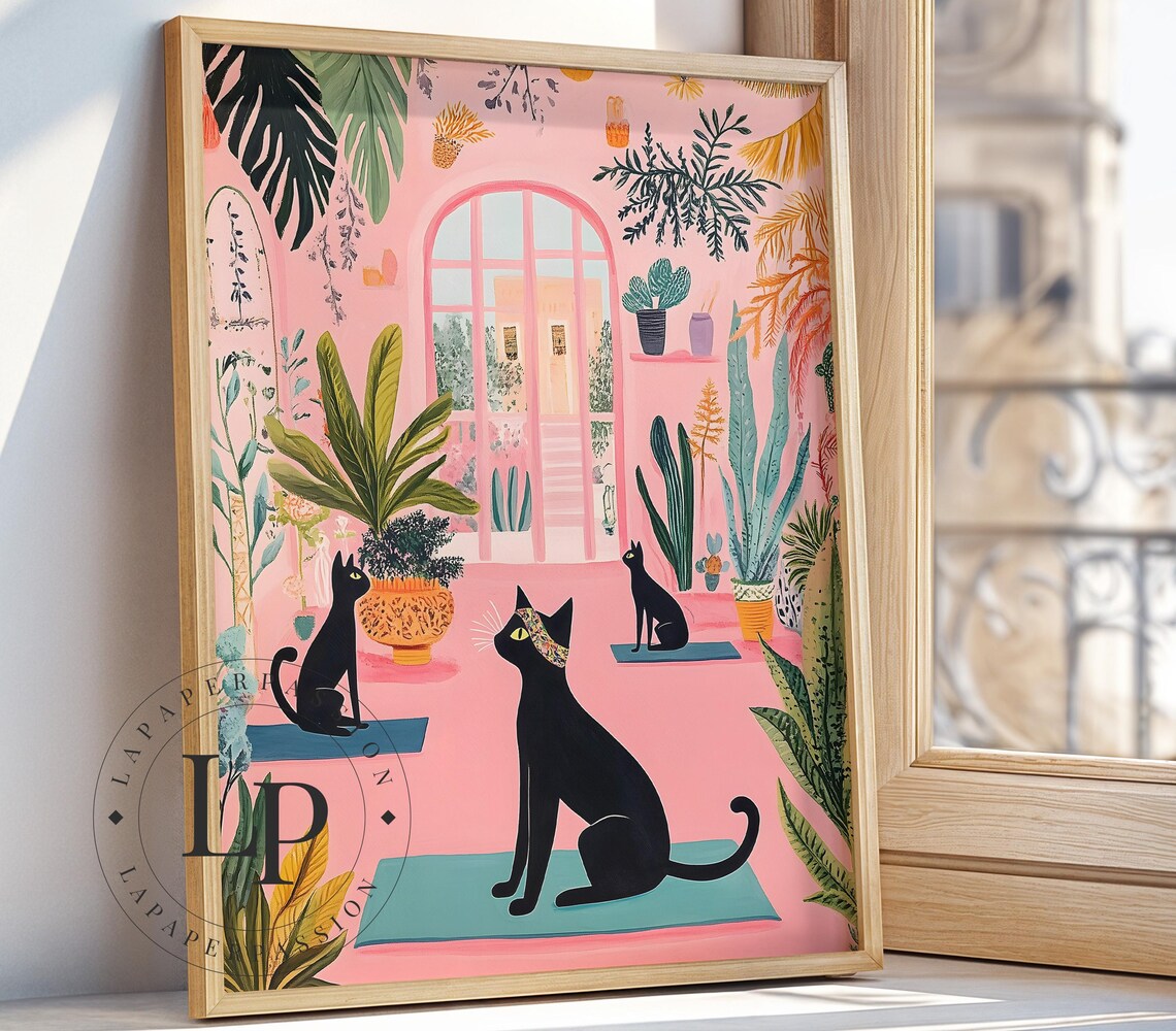 Black Cats Doing Yoga Pink Botanical Room Funny Yoga Cats Poster - Image 5