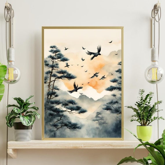 Misty Mountain Birds Japandi Wall Art Japanese Watercolor Zen Decor Pine Tree And Print Style Home Poster