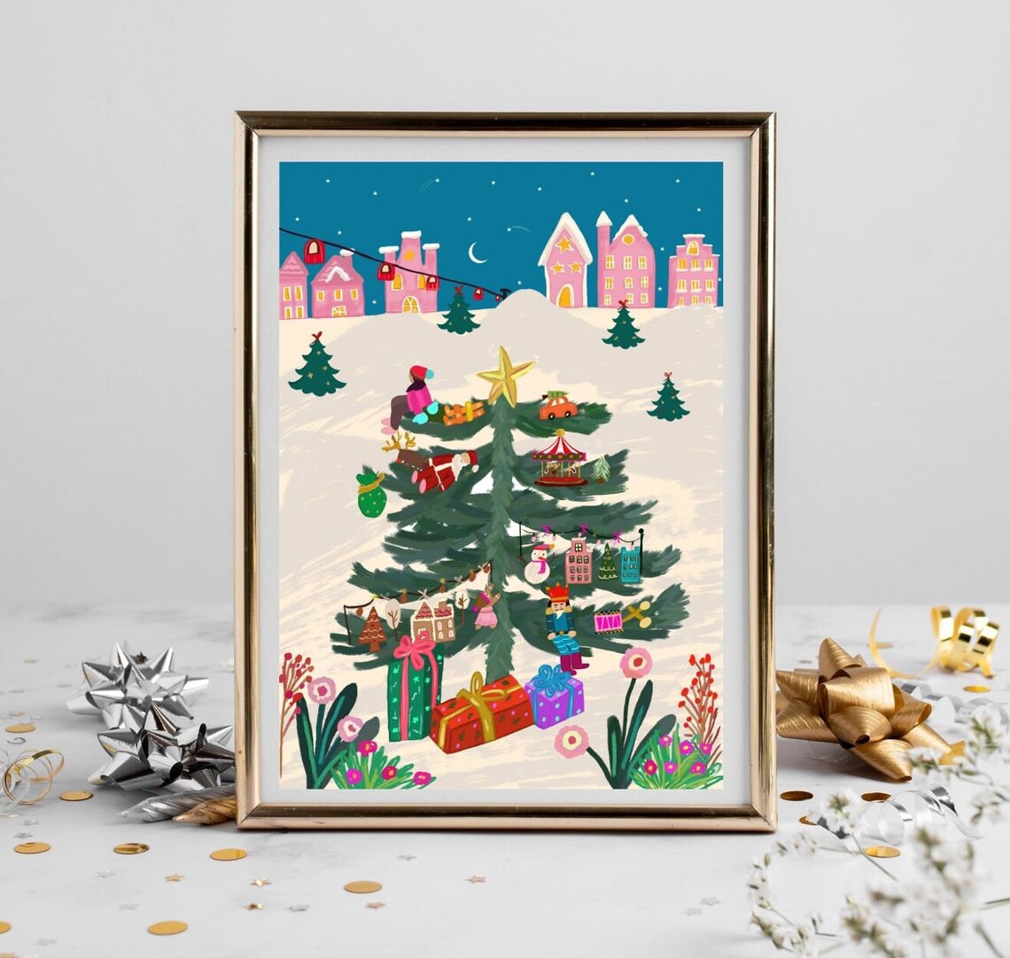 Whimsical Pink Christmas Tree Decorated Night Village Art Print - Image 3