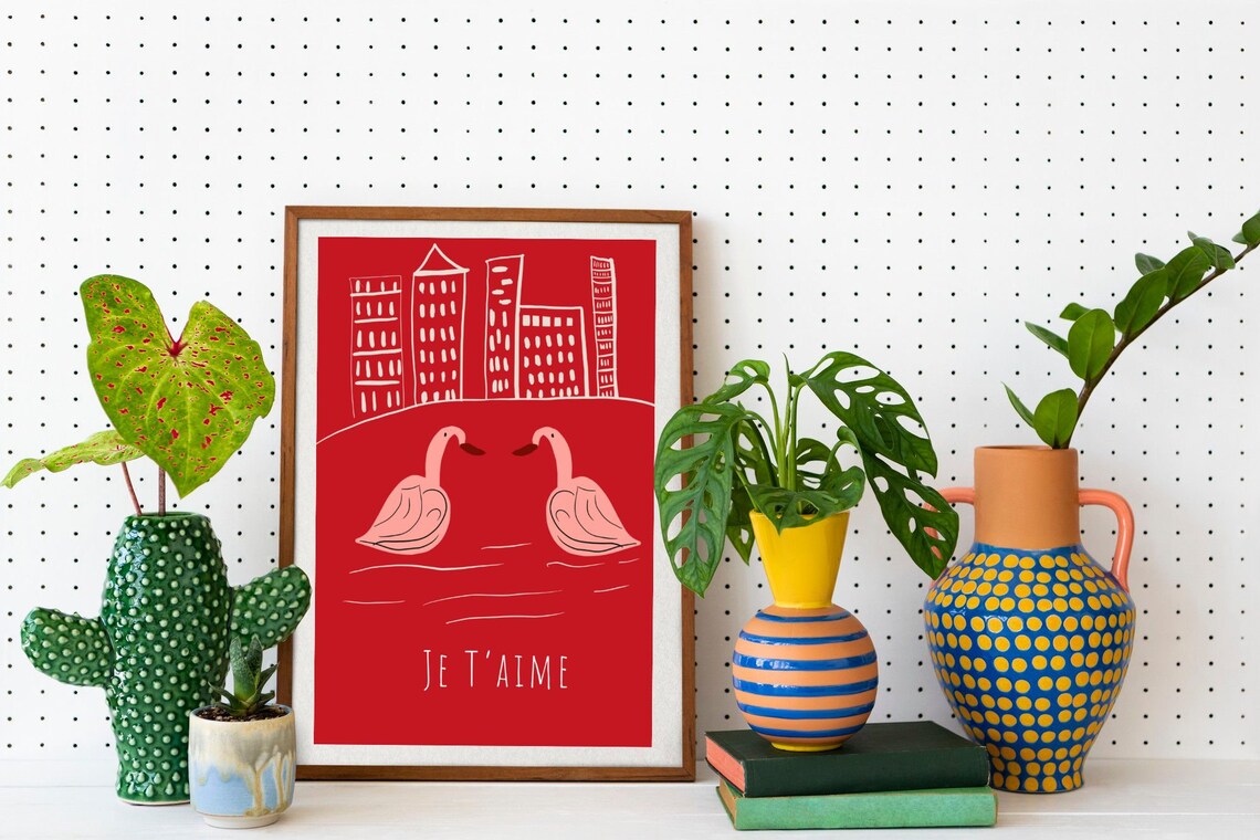 Je Taime Red Flamingo Heart Cityscape Love Valentine Art Poster - Image 3