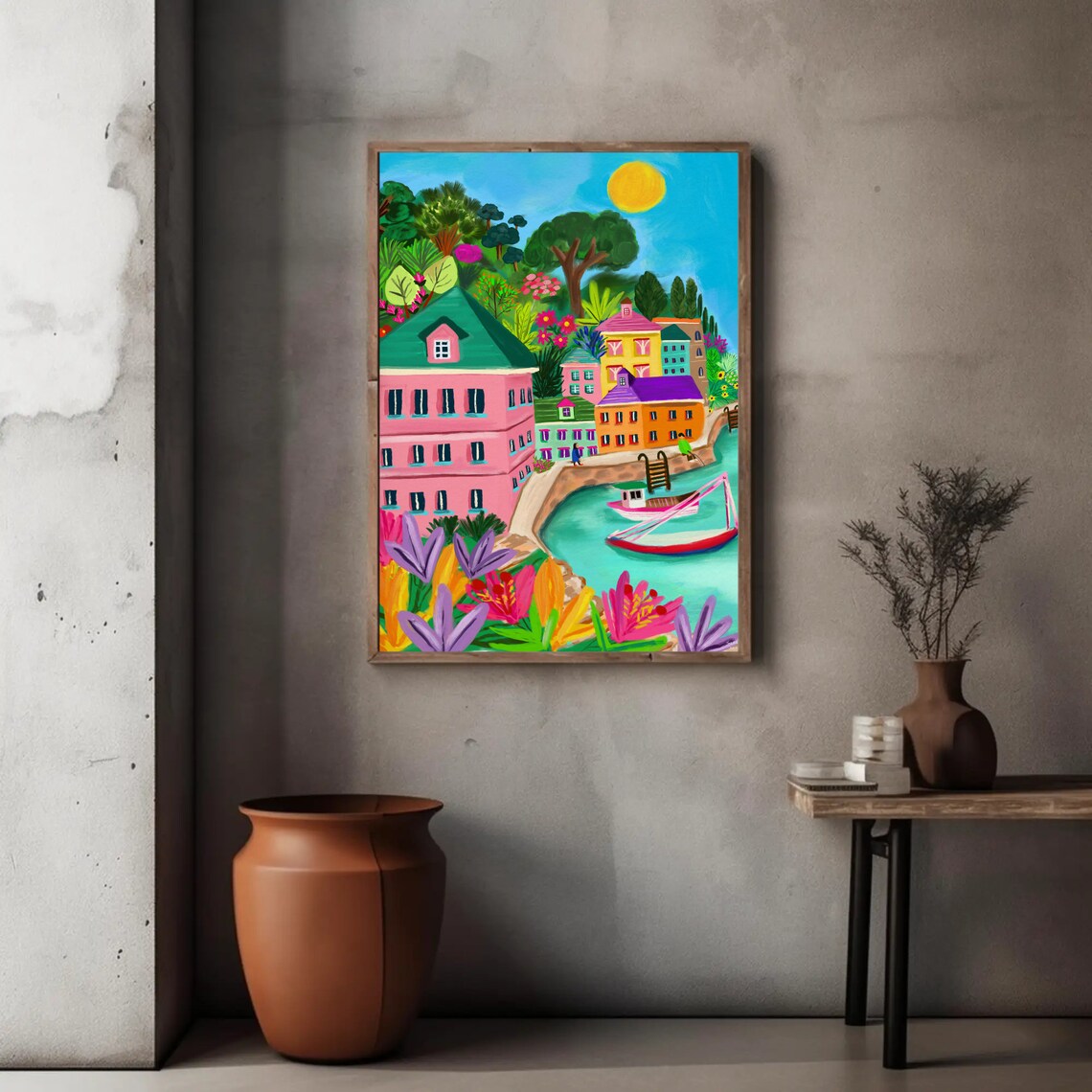 Colorful Fishing Village Harbor Boats Coastal Town Art Print - Image 2