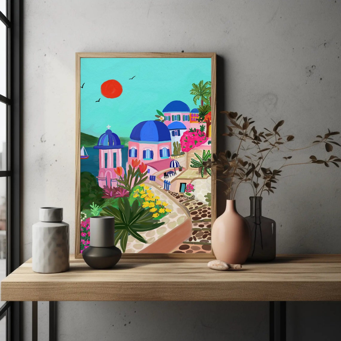 Santorini Greece Blue Domes Caldera Red Sunset View Art Print - Image 4