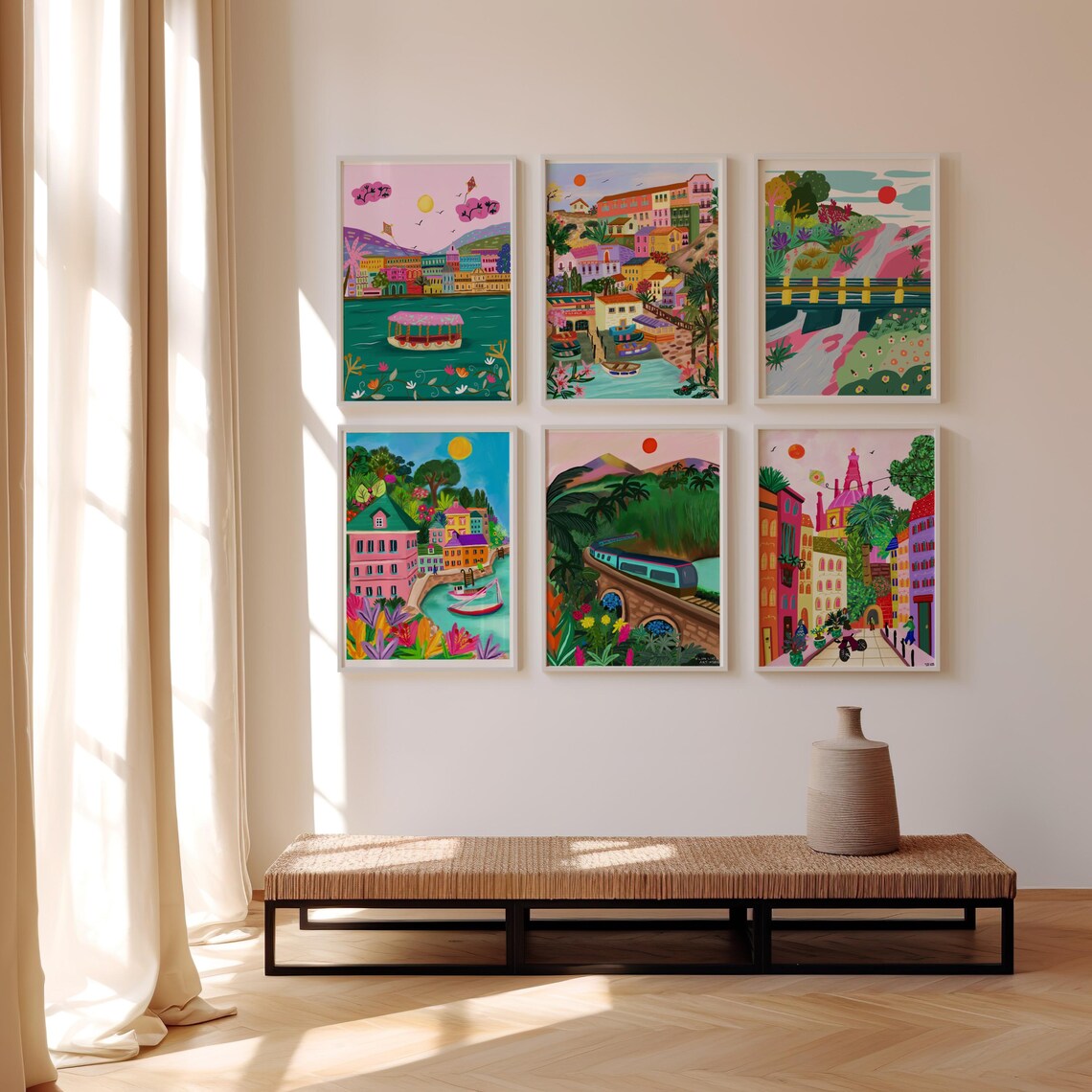 Colorful Indian Lakeside City Pink Sky Boat Palace Art Print - Image 3