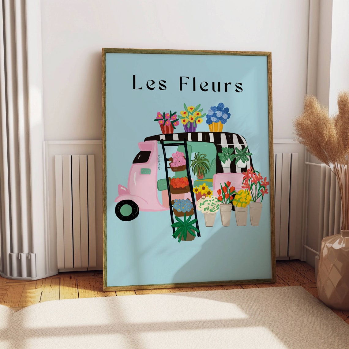 Les Fleurs Flower Shop Pink Van Striped Awning Blue Art Print
