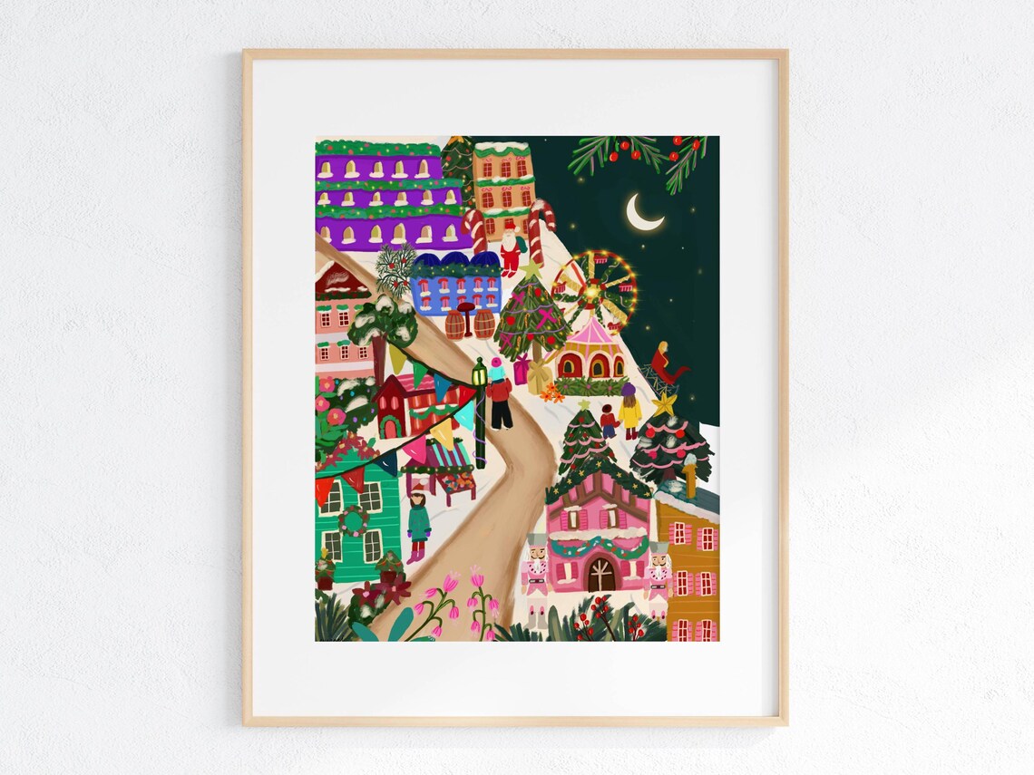 Cozy Snowy Christmas Market Village Night Ferris Wheel Art Print