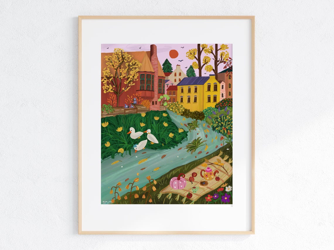 Autumn Canal Ducks Riverside Old Town Fall Picnic Scene Art Print - Image 5