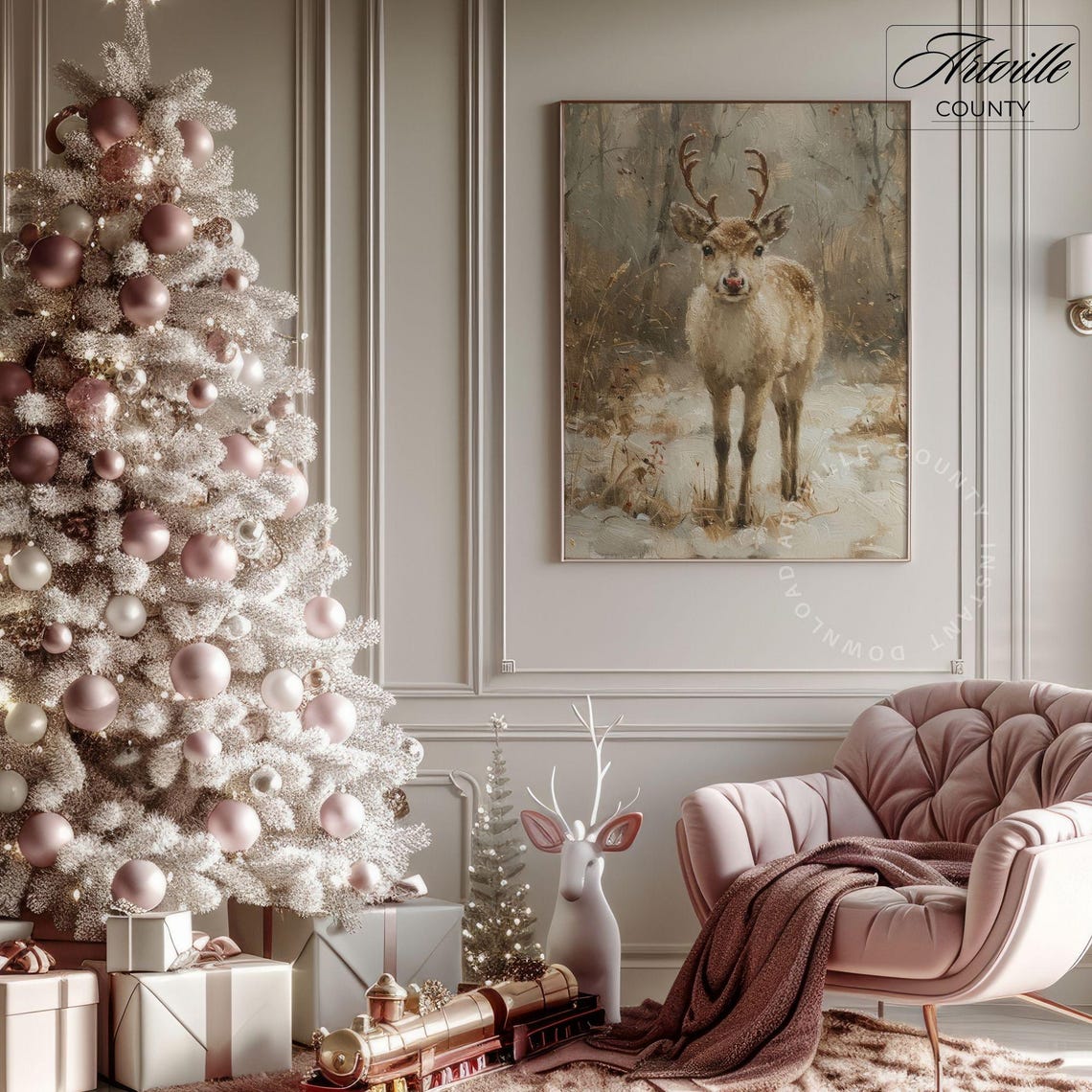 Young Reindeer With A Red Nose Standing In Snowy Woods Poster - Image 2