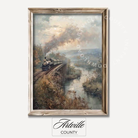 Steam Train Painting Vintage Stone Bridge Art Print Countryside Fall Landscape Painting Locomotive Wall Art