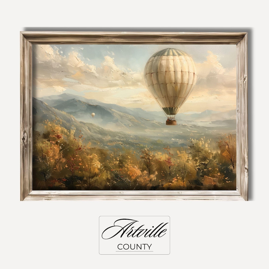 Vintage Hot Air Balloon Painting, Rustic Landscape Art Print