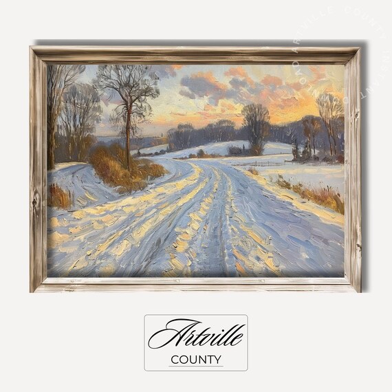 Snowy Country Road Winter Sunset Golden Light Landscape Poster