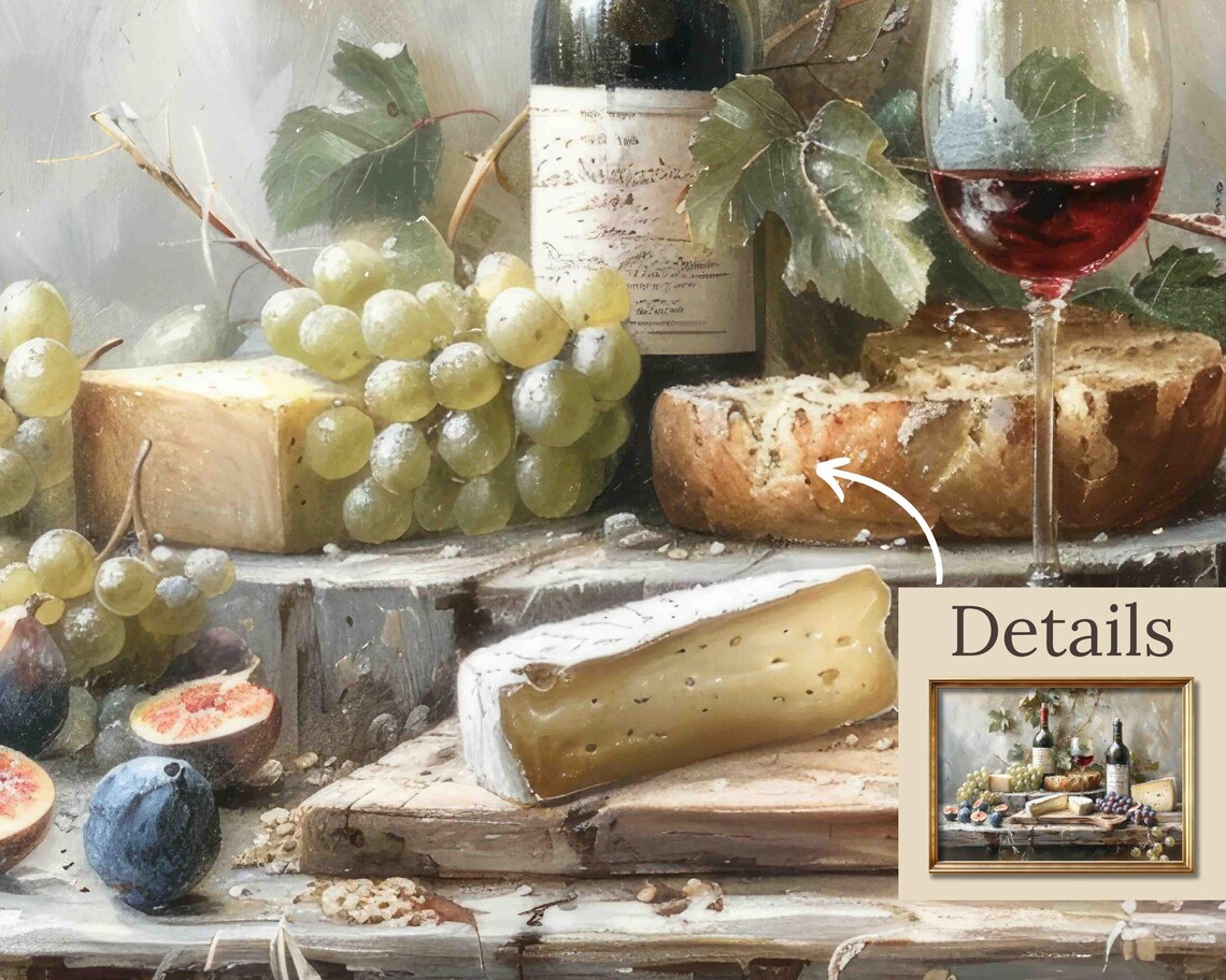 Wine Cheese Painting, Vintage Farmhouse Wall Art - Image 2