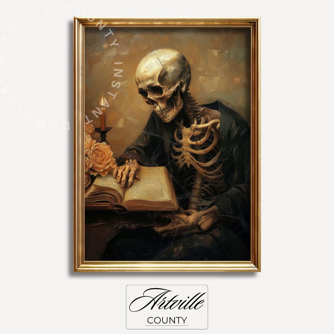 Skeleton Scholar Reading Candlelight Dark Academia Gothic Poster
