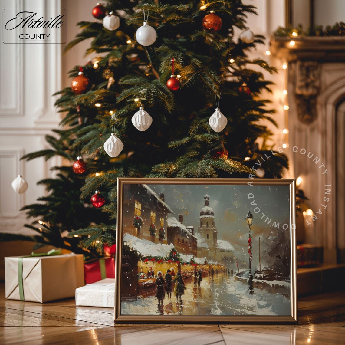Snowy European Christmas Market with Church Winter Scene Poster - Image 4