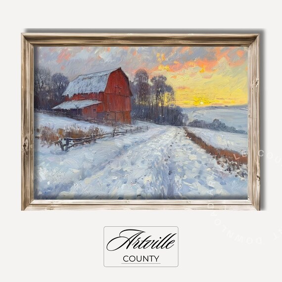 Red Barn in Snow Sunset Winter Farm Vintage Oil Painting Poster