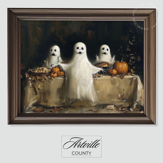 Cute Ghosts Halloween Dinner Table Painting Pumpkins Spooky Whimsical Wall Art