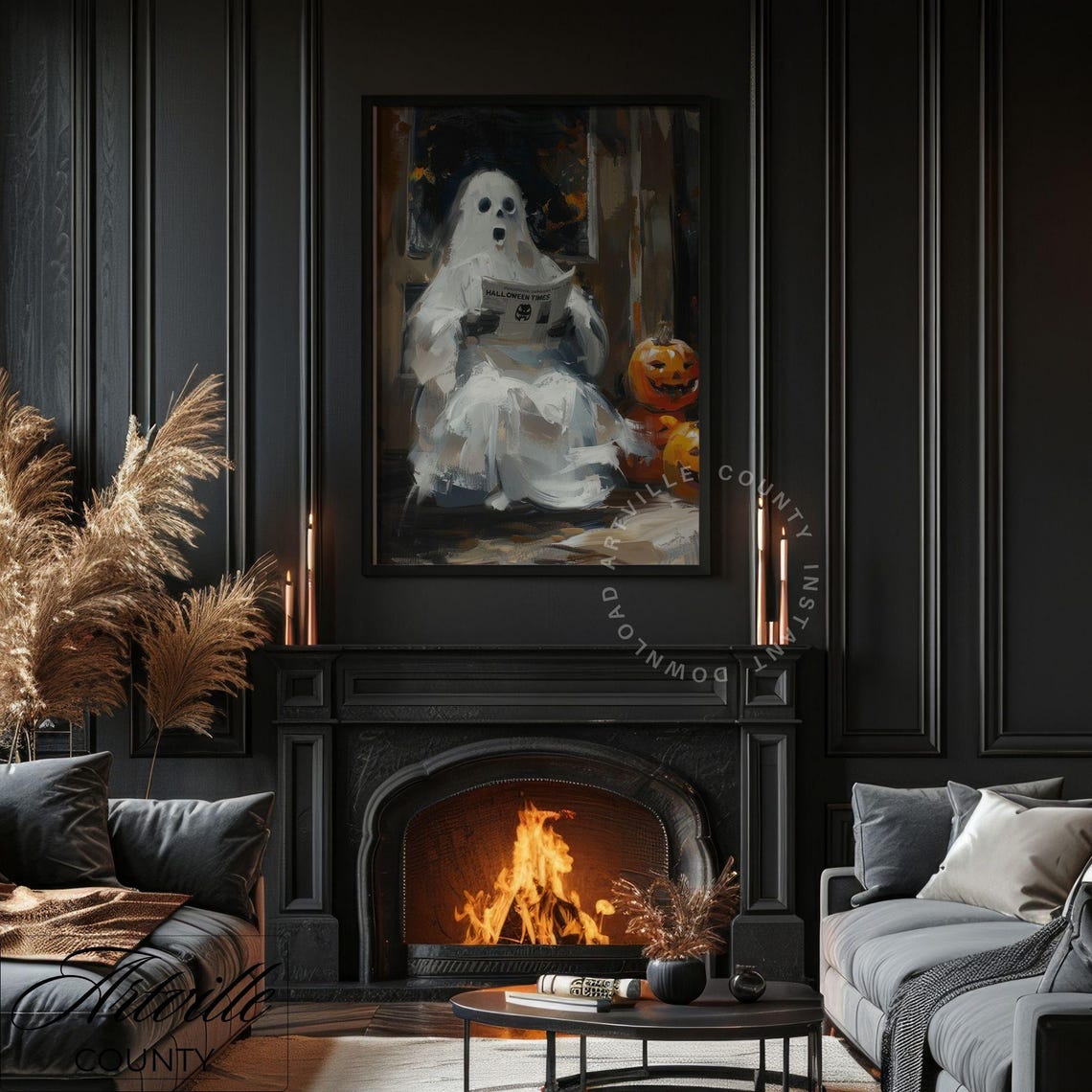 Ghost Reading Spooky News Halloween Pumpkin Bench Gothic Poster - Image 6