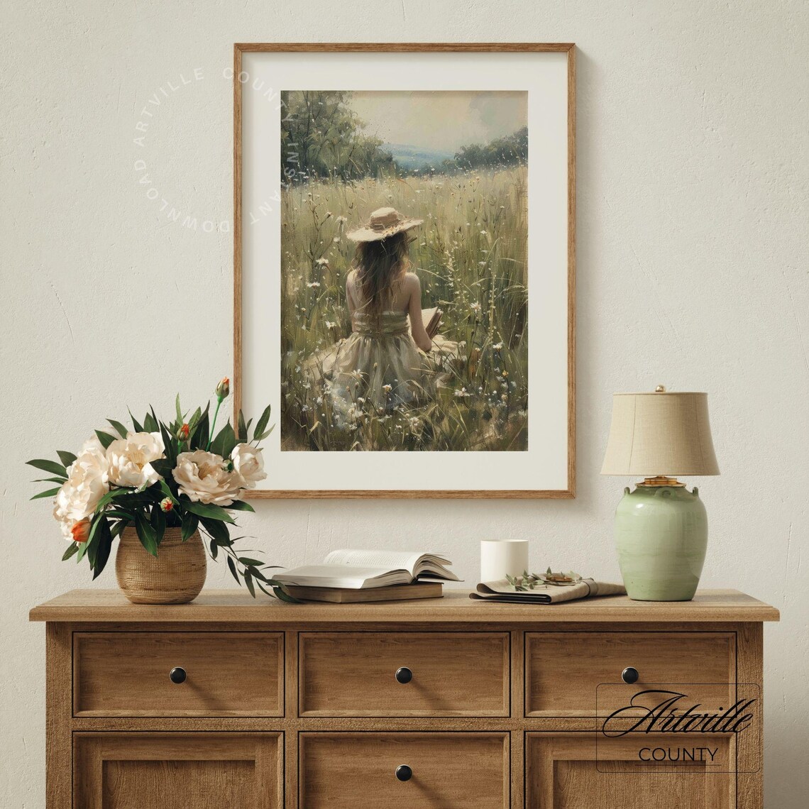 Girl Reading Landscape Painting, Vintage Autumn Field Art - Image 5