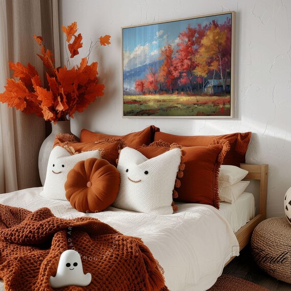 Red Autumn Forest Landscape Artwork Warm Fall Bedroom Decor Poster