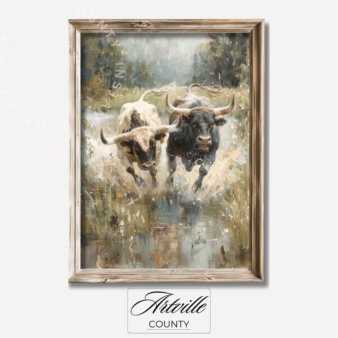 Two Charging Bulls Running Through A River Western Wall Poster