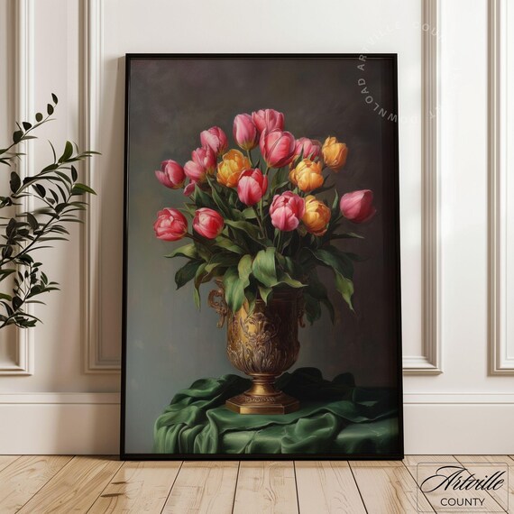 Pink Yellow Tulips Gold Vase Dark Moody Classic Painting Poster