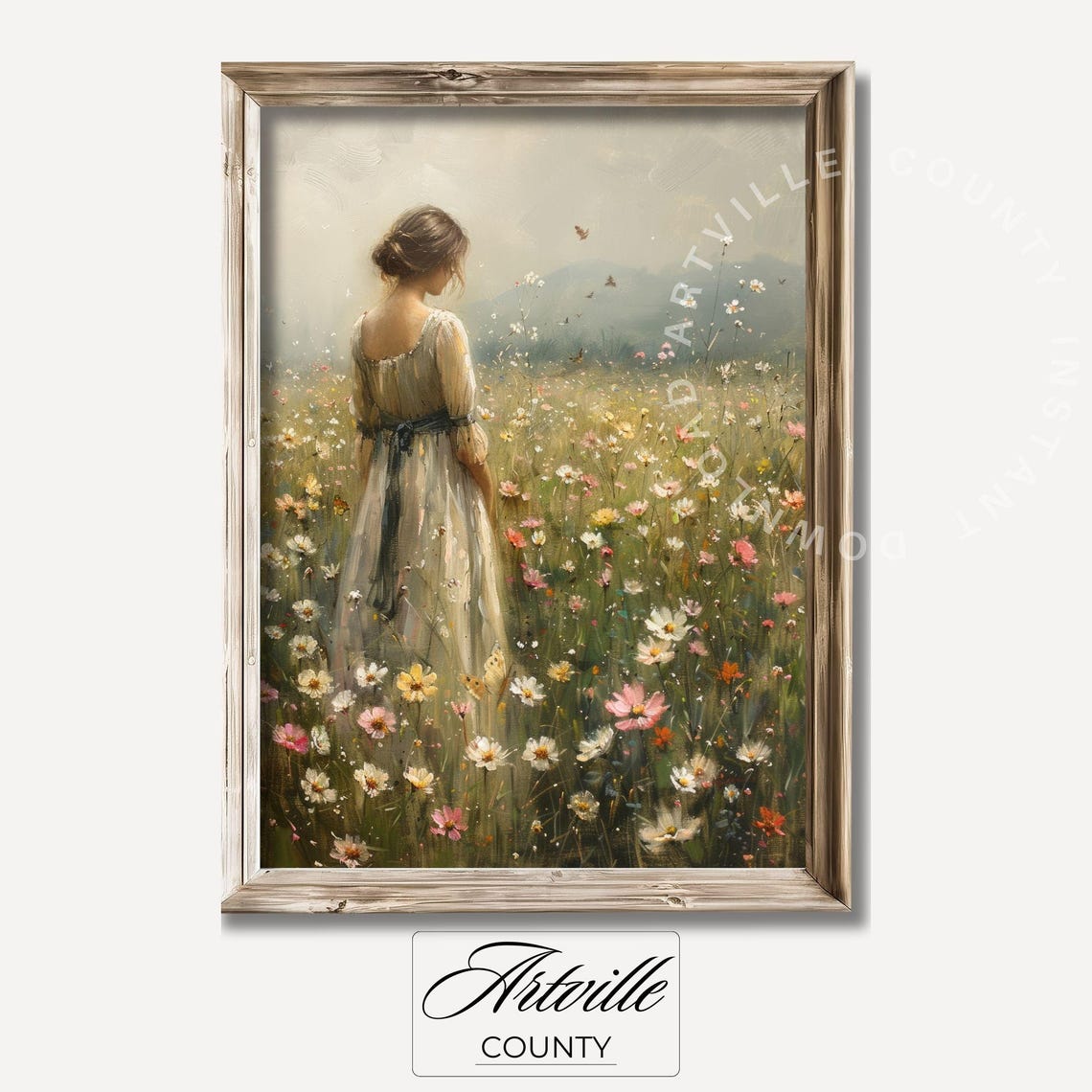 Girl In Meadow Landscape Painting Vintage Wildflower Field Wall Art Moody Cottage Print Art Woman In Field Oil Painting