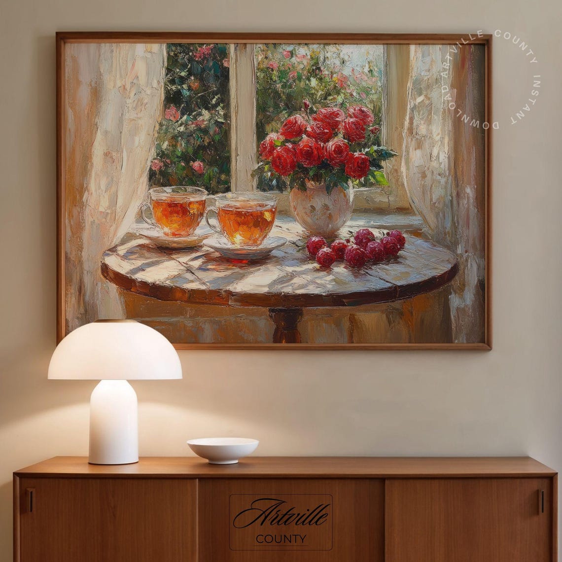 Tea Roses Raspberries Sunlit Window Vintage Still Life Poster - Image 2