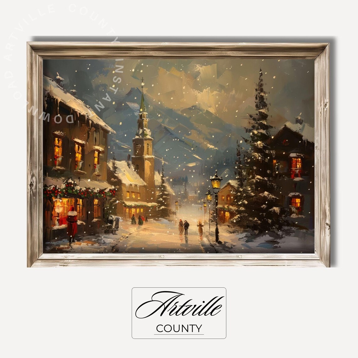Snowy European Village Christmas Night Glowing Street Poster