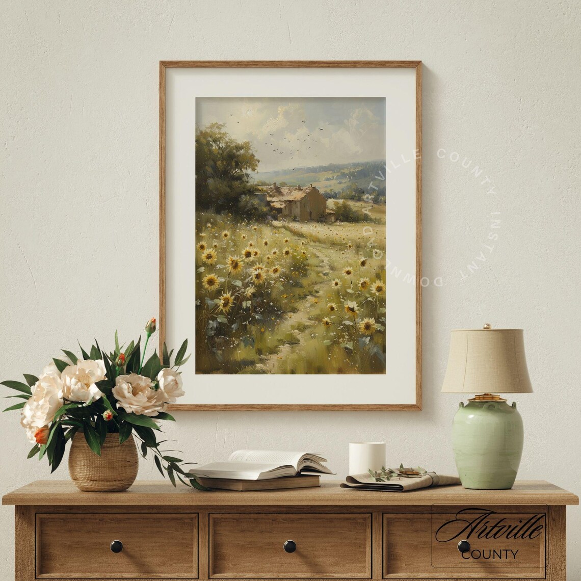 Sunflower Field Cottage Vintage Country Landscape Painting Poster - Image 3