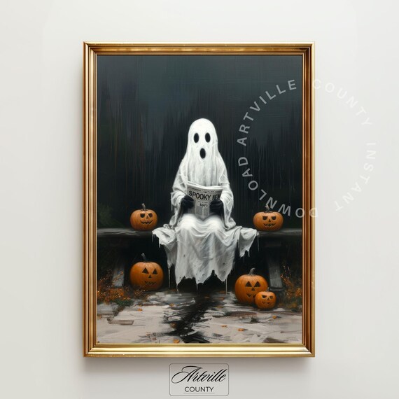 Ghost Reading Spooky News Halloween Pumpkin Bench Gothic Poster